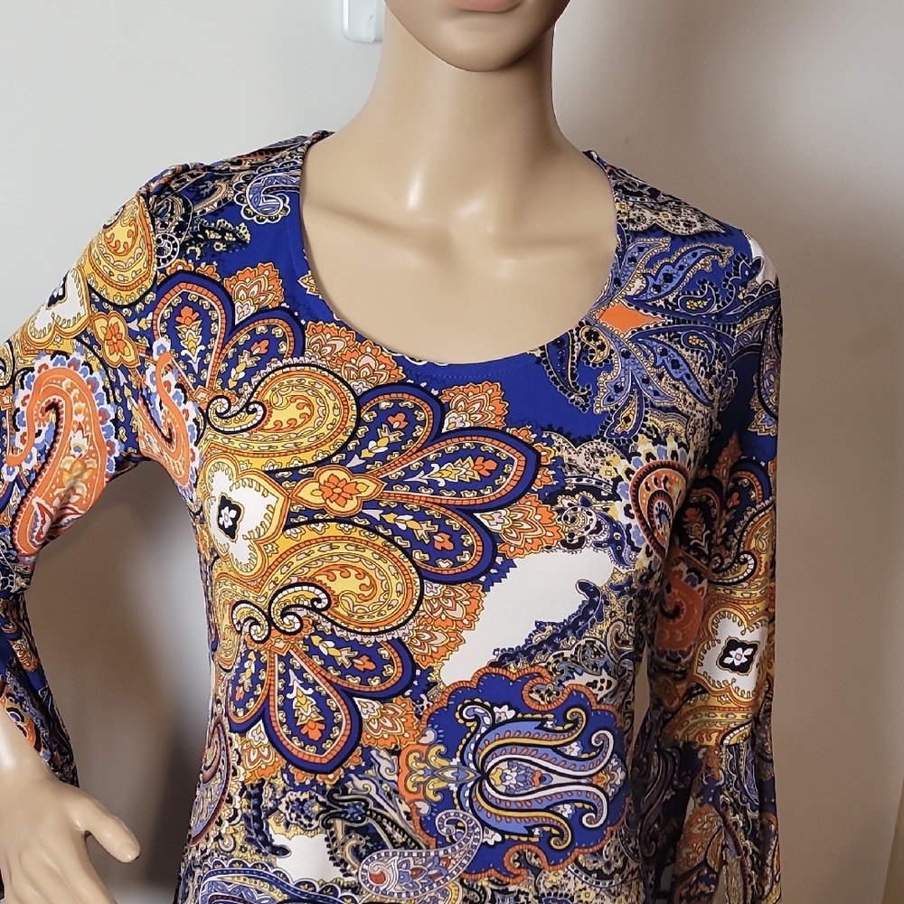 MSK Women's Paisley Mini Dress - Blue, Orange, Yellow - Picture 6 of 13